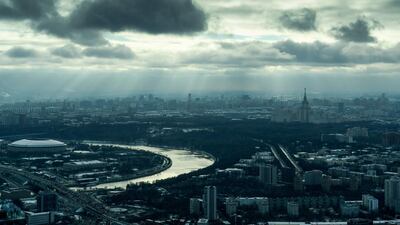 An aerial view shows the main building of the Moscow State University and the Luzhniki stadium in Moscow. AFP