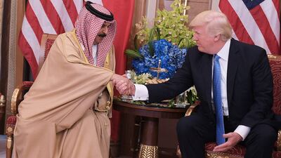 US president Donald Trump, right, and Bahrain’s King Hamad bin Isa Al Khalifa take part in a bilateral meeting at a hotel in Riyadh on May 21, 2017. Mandel Ngan / AFP