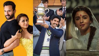 From left: Saif Ali Khan and Rani Mukerji in 'Bunty Aur Babli 2'; Ranveer Singh in '83'; and Alia Bhatt in 'Gangubai Kathiawadi'. Courtesy Yash Raj Films, Reliance Entertainment, Pen India Limited