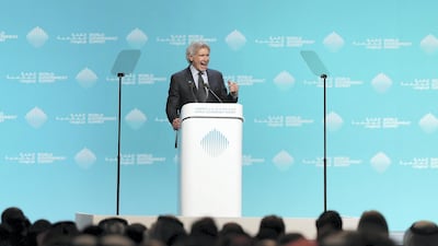 Harrison Ford speaks during day 3 of the World Government Summit at Madinat, Dubai. Chris Whiteoak / The National