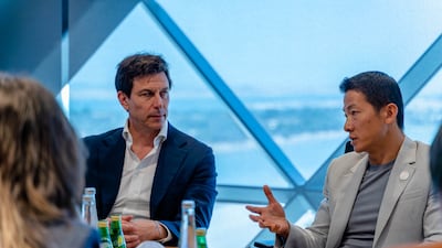 Toto Wolff, team principal of the Mercedes-AMG Petronas F1 team, left, and Peng Xiao, chief executive of G42, during a media roundtable in Abu Dhabi. Photo: G42