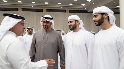 President Sheikh Mohamed, Sheikh Zayed bin Saeed and Sheikh Hamdan bin Saeed receive condolences from Bahrain's Crown Prince Salman bin Hamad. Photo: UAE Presidential Court
