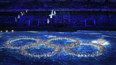 A huge cheer erupted at the Fisht Olympic Stadium in Sochi, Russia as the performers move into position to form four of the Olympic rings at yesterday’s closing ceremony – a self-deprecating joke at the technical failure that saw just four of the five rings light up at the opening ceremony two weeks ago. Barbara Walton / EPA