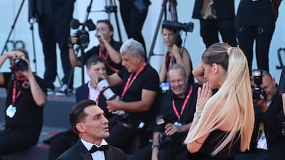 Alessandro Basciano proposes to Sophie Codegoni during 'The Son' red carpet. Getty