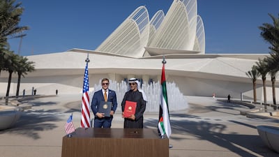 Saeed Al Hajeri, UAE Minister of State and US undersecretary of state for economic affairs Jacob Helberg during the signing of the Pax Silica declaration in Abu Dhabi. Antonie Robertson / The National