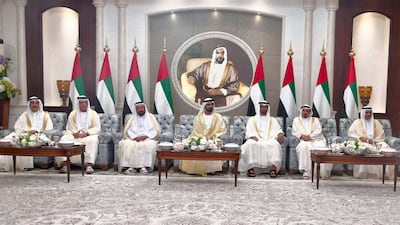 From left, Sheikh Saud bin Rashid Al Mu’alla, Ruler of Umm Al Quwain, Sheikh Saud bin Saqr Al Qasimi, Ruler of Ras Al Khaimah, Dr Sheikh Sultan Al Qasimi, Ruler of Sharjah, Sheikh Mohammed bin Rashid, Vice President and Ruler of Dubai, Sheikh Mohammed bin Zayed, Crown Prince of Abu Dhabi and Deputy Supreme Commander of the UAE Armed Forces, Sheikh Humaid bin Rashid Al Nuaimi, Ruler of Ajman, and Hamad bin Mohammed Al Sharqi, Ruler of Fujairah