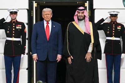 US President Donald Trump welcomes Saudi Crown Prince Mohammed bin Salman to the White House in Washington on November 18, 2025. AFP
