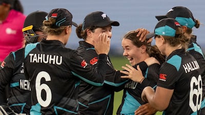 New Zealand's Fran Jonas, centre, celebrates with her teammates after taking the wicket of Pakistan's Sadaf Shamas during their 54-run Women's T20 World Cup victory at Dubai International Stadium, United Arab Emirates, on Monday, October 14, 2024. AP