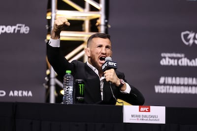 Merab Dvalishvili gets a cheer as he name-checks "Abu Dhabi" at the UFC 333 pre-fight press conference. Chris Whiteoak / The National