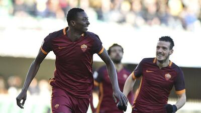 AS Roma's Umar Sadiq, left, celebrates after scoring against Chievo Verona. REUTERS/Alberto Lingria