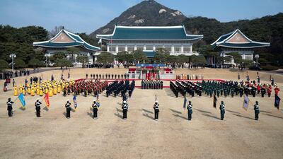 Sheikh Mohamed bin Zayed is received by Mr Moon at Blue House on Wednesday. Hamad Al Mansoori / Ministry of Presidential Affairs