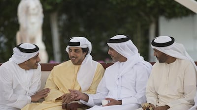 From right: Sheikh Nahyan bin Zayed Al Nahyan, Chairman of the Board of Trustees of the Zayed bin Sultan Al Nahyan Charitable and Humanitarian Foundation, Lt General Sheikh Saif, Deputy Prime Minister and Minister of Interior, Sheikh Mansour bin Zayed, Deputy Prime Minister and Minister of Presidential Affairs, and Sheikh Abdullah, Minister of Foreign Affairs and International Cooperation, attend a Sea Palace barza. Ryan Carter / Crown Prince Court - Abu Dhabi