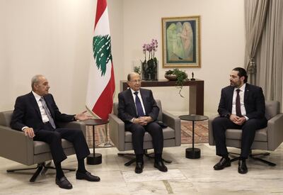 Lebanese President Michel Aoun, centre, Prime Minister Saad Hariri, right and House Speaker Nabih Berri meet at the presidential palace in Baabda, east of the capital Beirut. AFP