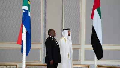 Sheikh Mohammed receives Mr Ramaphosa at the Presidential Airport. Courtesy Crown Prince Court - Abu Dhabi