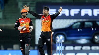 Rashid Khan of Sunrisers Hyderabad celebrates the wicket of AB de Villiers. Sportzpics for IPL