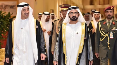 Shiekh Mohammed bin Rashid, Vice President and Ruler of Dubai, right, and Sheikh Abdullah bin Zayed, Minister of Foreign Affairs, represented the UAE at the GCC summit in Doha on December 9, 2014. Wam