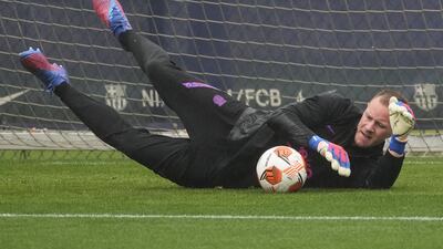 Barcelona goalkeeper Marc-Andre ter Stegen makes a save in training. EPA