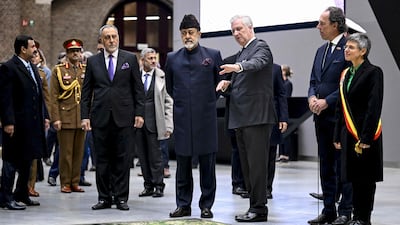 As part of his visit to Belgium, Sultan Haitham of Oman tours the Havenhuis (port house) in Antwerp with Belgian King Philippe. AFP