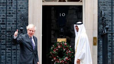 British Prime Minister Boris Johnson (l) and Crown Prince of Abu Dhabi and Deputy Supreme Commander of the Armed Forces, Sheikh Mohamed bin Zayed ahead of their negotiations, during which Mr Johnson reiterated his support for the UAE’s recent agreement with Israel to normalise relations. AFP