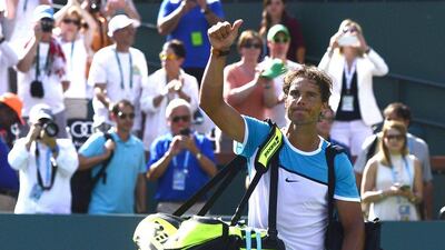 Rafael Nadal gives a thumbs up after losing to Novak Djokovic in the Indian Wells Masters semi-final on Saturday. Mike Nelson / EPA / March 19, 2016