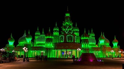 Global Village is illuminated in green lights in honour of Ireland’s National Day. Courtesy Tourism Ireland