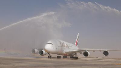 An Emirates A380 lands in Jordan. Airbus is postponing the delivery of a dozen of the planes to Emirates. Courtesy Emirates