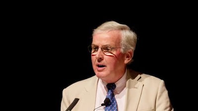 Sir John Holmes speaks on humanitarian assistance, at Cranleigh Abu Dhabi on Monday. Courtesy Julian John / Cranleigh Abu Dhabi