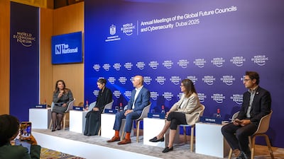 From left, Mina Al-Oraibi, Editor-in-Chief of The National, Maha Taysir Barakat, Assistant Minister for Health and Life Sciences at the UAE Ministry of Foreign Affairs, Amit Bouri, CEO of Global Impact Investing Network, Alison Holmes, professor of infectious diseases at Imperial College London, and Damiano de Felice, chief of external affairs at CARB-X, on the What is the Cost of Underinvesting in Health? panel, a World Economic Forum session held in Dubai. All photos: Victor Besa / The National