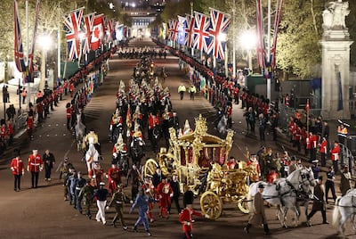 The Gold State Coach in a dress rehearsal of the coronation ceremony in London. Reuters