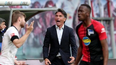 Hertha Berlin manager Bruno Labbadia reacts on the sidelines. AFP
