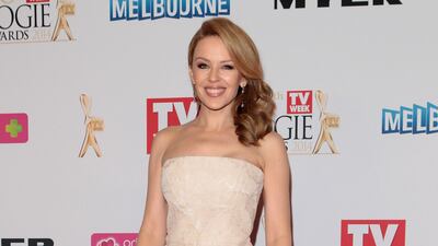 Kylie Minogue, in Roberto Cavalli, arrives at the Logie Awards at Crown Palladium on April 27, 2014 in Melbourne, Australia.