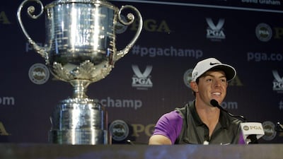 Rory McIlroy, of Northern Ireland, speaks to the media during a news conference after winning the PGA Championship golf tournament at Valhalla Golf Club on Sunday, Aug. 10, 2014, in Louisville, Ky. AP Photo/John Locher