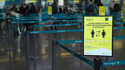 A sign to maintain social distance is seen at Dublin Airport Terminal 2, as the spread of the coronavirus disease. Reuters