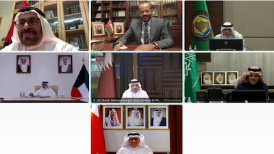 Foreign ministers and senior officials from the UAE, Saudi Arabia, Bahrain, Qatar, Kuwait and Oman hold an online meeting with GCC Secretary General Jasem Al Budaiwi. Photo: GCC