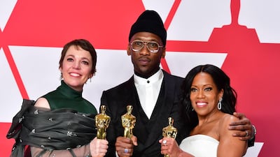 Best Actress winner for 'The Favourite' Olivia Colman, Best Supporting Actor winner for 'Green Book' Mahershala Ali and, Best Supporting Actress winner for 'If Beale Street Could Talk' Regina King, and pose in the press room with their Oscars following the 91st Annual Academy Awards. AFP
