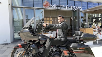 Emirati Yousuf Alrustamani, owner of Mitts & Trays restaurants, enjoys spending money on travelling to Harley Davidson events around the world. Pawan Singh / The National