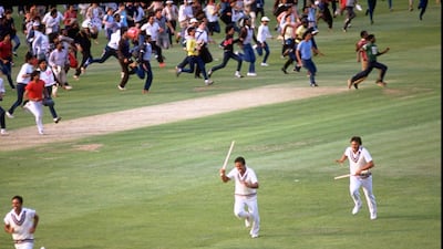 The stumps are gathered up at the moment of victory for India during the World Cup final against the West Indies at Lord's in London in 1983. Getty Images