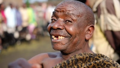 Leo Nedas, a 75 year old ethnic Batwa, spent his life hunting in the Virunga Mountains, killing animals with a rudimentary bow and arrow up until 2004 when he found work talking to tourists about local cultures, as part of a programme set up by Edwin Sabuhoro. Courtesy Phil Sands for The National