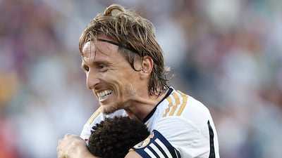 Real Madrid's Jude Bellingham celebrates his second goal with teammate Luka Modric. EPA