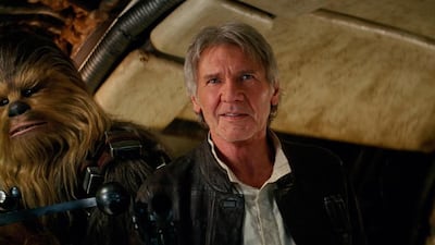 Peter Mayhew as Chewbacca and Harrison Ford as Han Solo in Star Wars: The Force Awakens. Film Frame / Lucasfilm