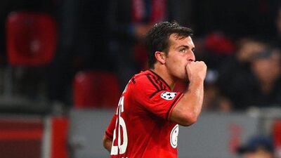 Giulio Donati of Bayer Leverkusen celebrates scoring his side's first goal in a 2-0 win over Zenit St Petersburg in the Champions League on Wednesday in Leverkusen, Germany. Dennis Grombkowski / Bongarts / Getty Images