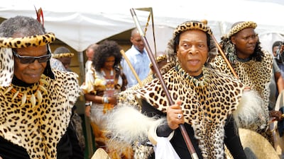 Pictured in January 2019, King Goodwill watches a reenactment of the 1879 Battle of Isandlwana between the Zulus and the British imperial forces, which the Zulu people won. EPA