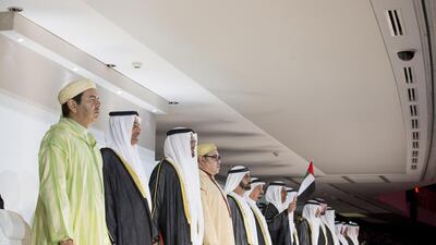 Moulay Rachid Prince of Morocco, HH Sheikh Hamad bin Mohamed Al Sharqi, UAE Supreme Council Member and Ruler of Fujairah, HH Sheikh Mohamed bin Zayed Al Nahyan, Crown Prince of Abu Dhabi and Deputy Supreme Commander of the UAE Armed Forces, HM King Mohamed VI of Morocco, HH Sheikh Mohamed bin Rashid Al Maktoum, Vice-President, Prime Minister of the UAE and Ruler of Dubai, HH Sheikh Humaid bin Rashid Al Nuaimi, UAE Supreme Council Member and Ruler of Ajman, HH Sheikh Saud bin Saqr Al Qasimi, UAE Supreme Council Member and Ruler of Ras Al Khaimah and other dignitaries attend the 44th UAE National Day celebrations at Zayed Sports City. Mohamed Al Hammadi / Crown Prince Court - Abu Dhabi