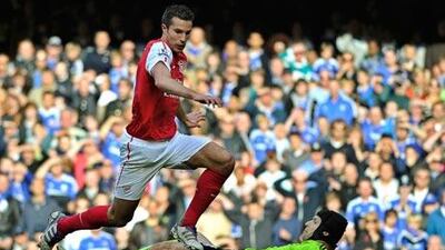 Robin van Persie completed his hat-trick against Chelsea, after a John Terry slip left him one-on-one with Petr Cech.