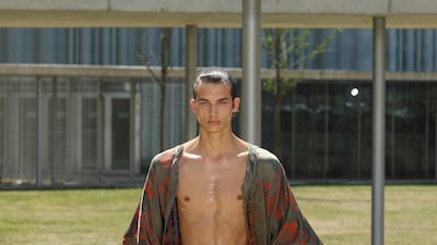 An open kaftan and shorts in a co-ordinated print.