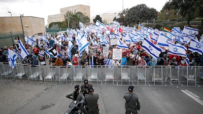 Protesters gather outside the Knesset as part of mass protests in Jerusalem. EPA