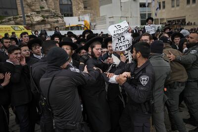 Police scuffle with ultra-Orthodox Jews at a protest against the Women of the Wall group holding their monthly prayer at the Western Wall, the holiest site where Jews can pray. AP