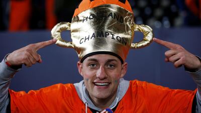 A Netherlands fan celebrates after the UEFA Nations League Semi Final match between Netherlands and England in Guimaraes, Portugal. Reuters