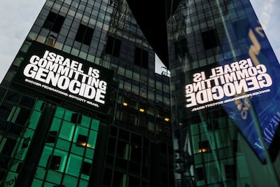 A billboard in Times Square condemns Israel's actions in Gaza. Reuters