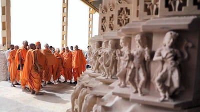 Stone carvings for the UAE’s first traditional Hindu temple are displayed in India. Baps Hindu Mandir